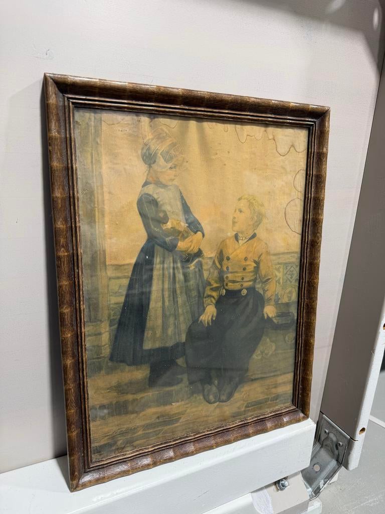 Oud schilderij van kinderen in klederdracht, Ophalen of Verzenden
