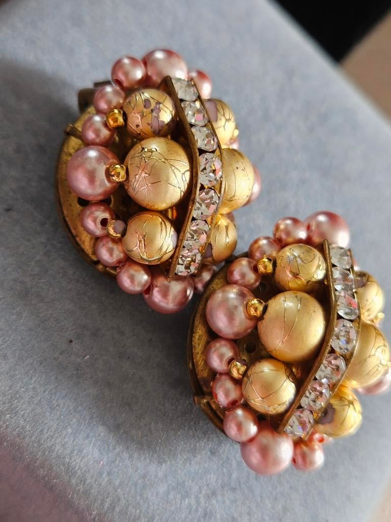 Vintage Parel Clip Oorbellen met Koper en Strass 3 cm, Ophalen of Verzenden