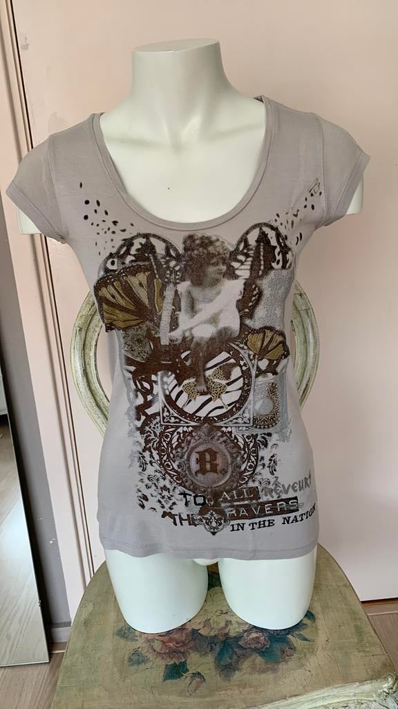 Mooi grijs TSHIRT met Nostalgische opdruk mt small.goede st., Ophalen of Verzenden, Zo goed als nieuw, Korte mouw, Maat 36 (S)