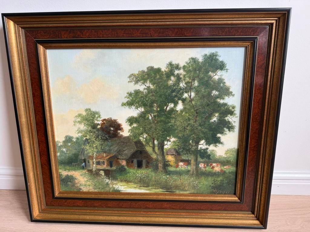 HJ Veger schilderij olieverf - Boerderij met koeien in bos, Antiek en Kunst, Kunst | Schilderijen | Klassiek, Ophalen