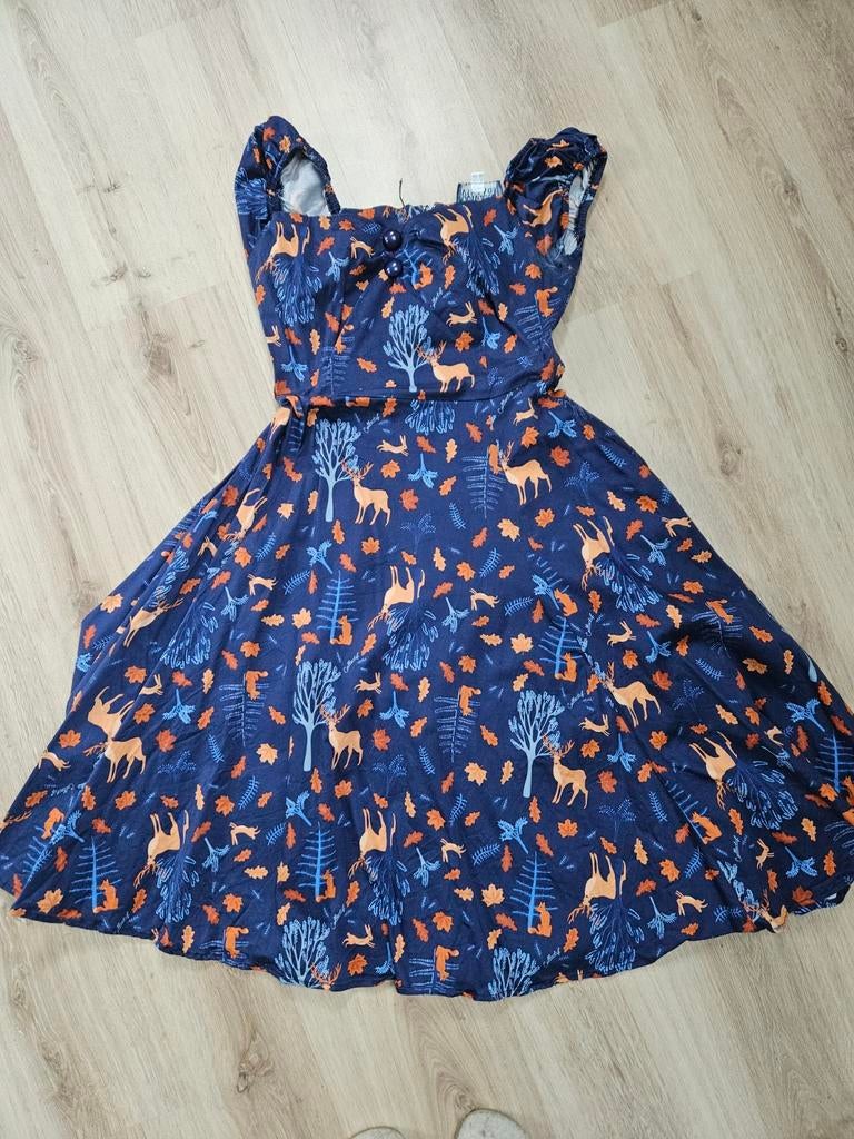 Collectif vintage succubus retro jurk blauw bosdieren mt40, Kleding | Dames, Maat 38/40 (M), Blauw, Collectif vintage, Ophalen of Verzenden