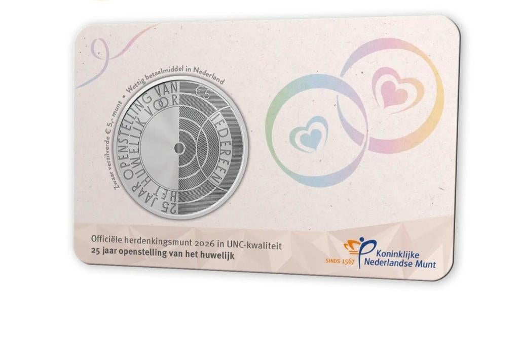 Herdenkingsmunt 25 jaar openstelling huwelijk 2026, Ophalen of Verzenden, Euro's, Losse munt