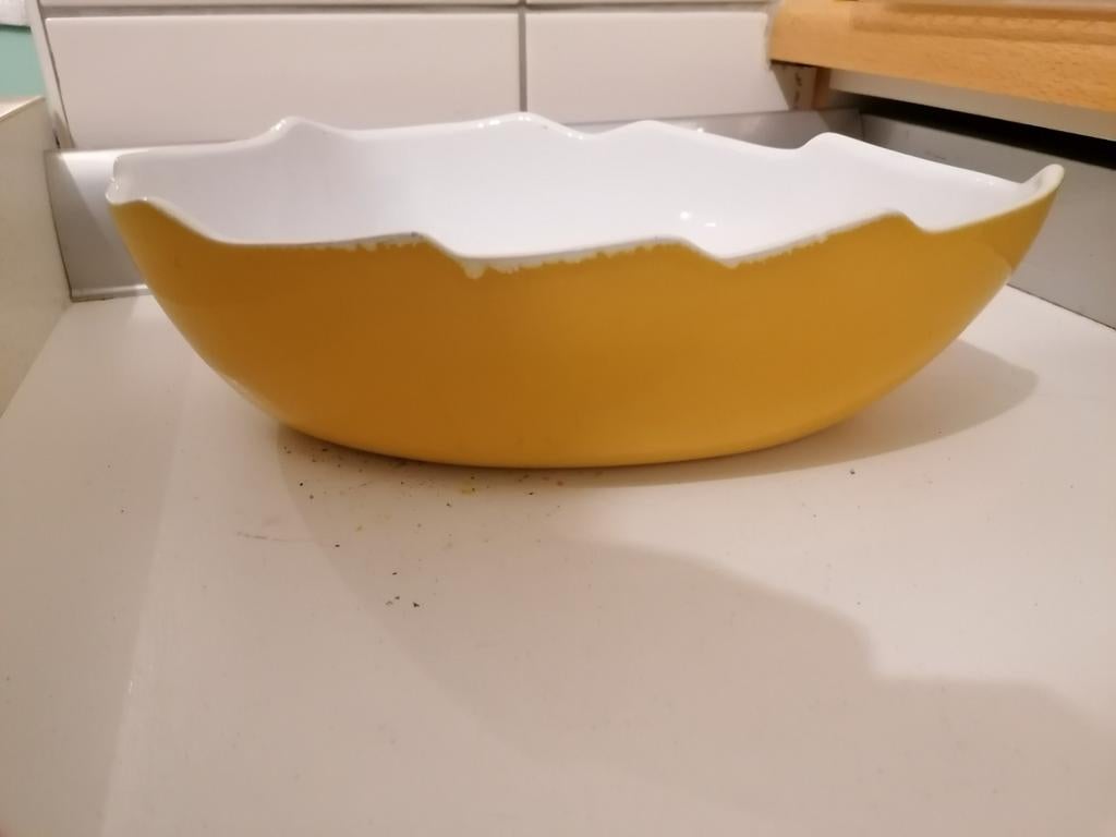 Vintage eivormige serveerschaal - geel/wit, Ophalen of Verzenden