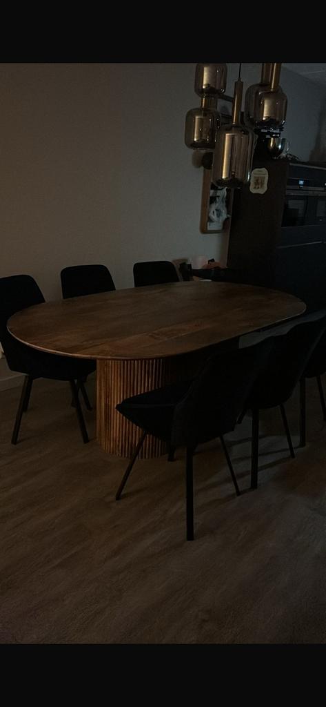 Deens ovale mango houten eettafel + zwarte stoffen stoelen, Ophalen, 100 tot 150 cm, 200 cm of meer, Zo goed als nieuw