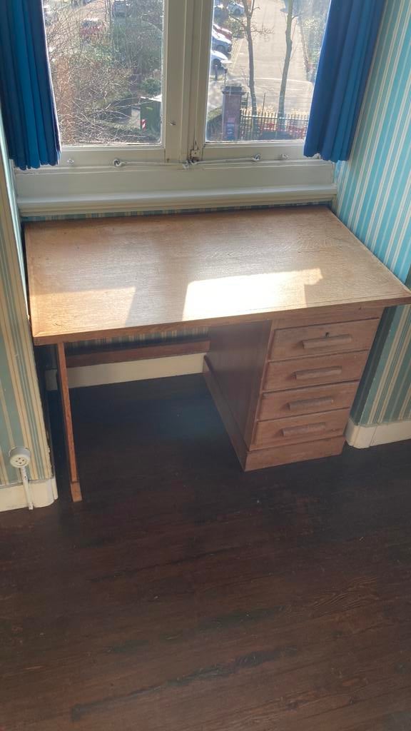 Vintage Eiken fineer bureautje jaren’30, Huis en Inrichting, Bureaus, Ophalen, Gebruikt