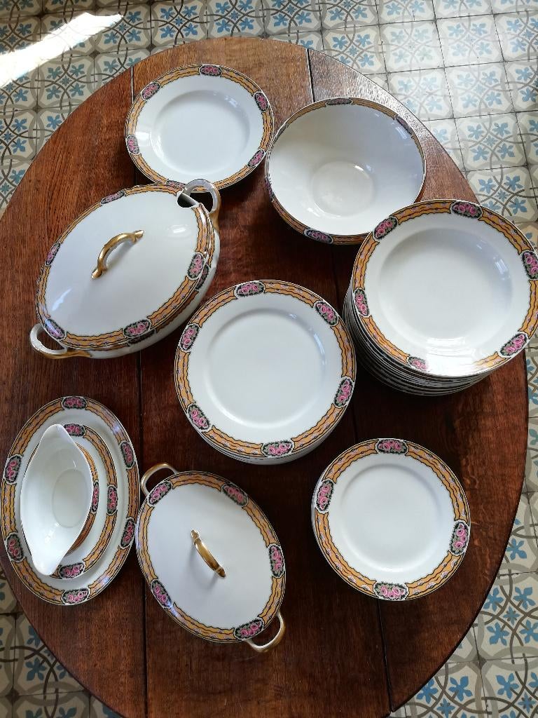 12 pers. Geweldig mooi art deco servies Limoges France, Ophalen, Zo goed als nieuw, Overige stijlen, Porselein