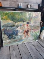 Schilderij: Man met buffel in water, Ophalen of Verzenden