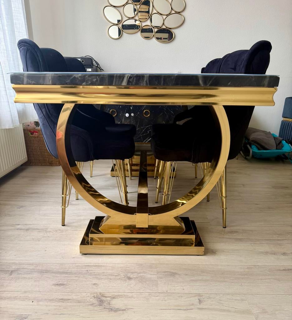 Eettafel met marmerlook en gouden onderstel, Ophalen, 50 tot 100 cm, Zo goed als nieuw, Vijf personen of meer