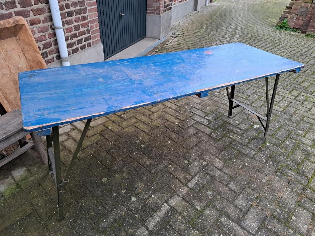 Originele oude blauwe klaptafel / markttafel 180x66x76cm, Ophalen