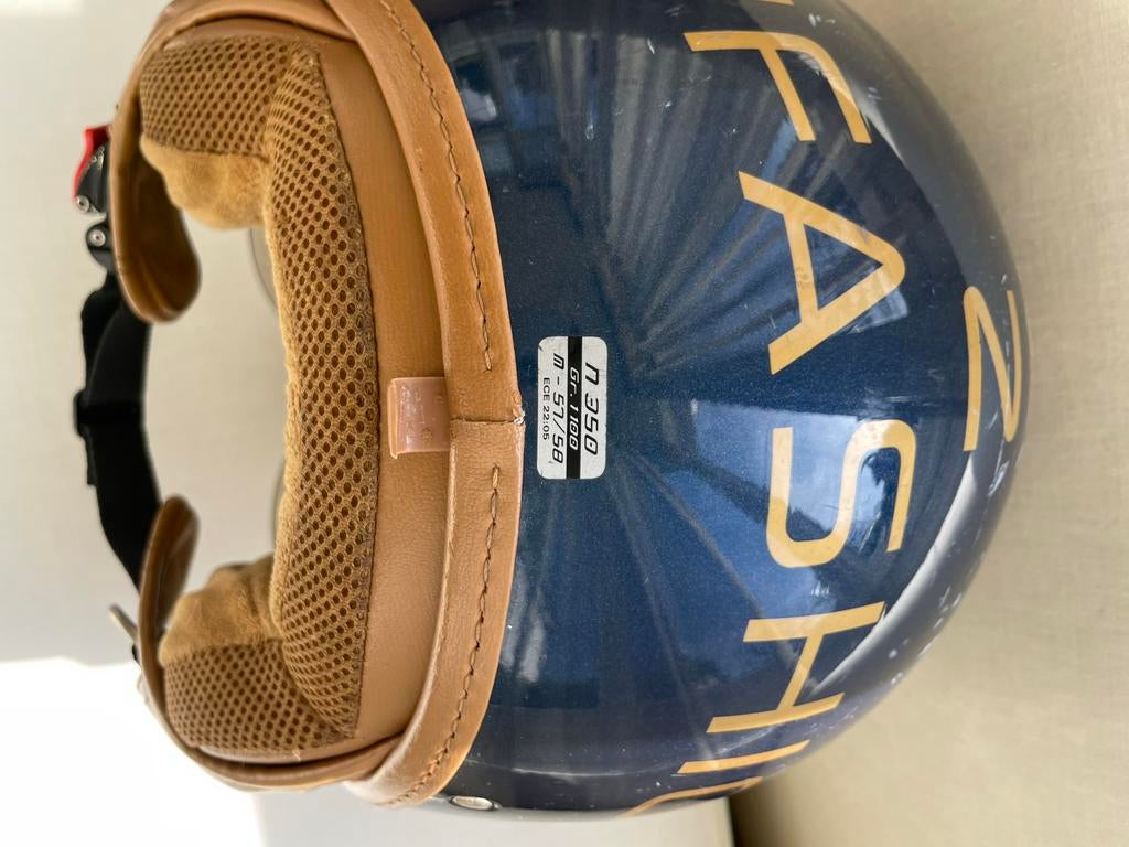 Scooterhelm maat M donkerblauw met bruin, Fietsen en Brommers, Brommerhelmen, Ophalen, Gebruikt, Medium