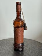 Vintage Spaanse Amber Glazen Fles met Leren Bekleding, Ophalen of Verzenden