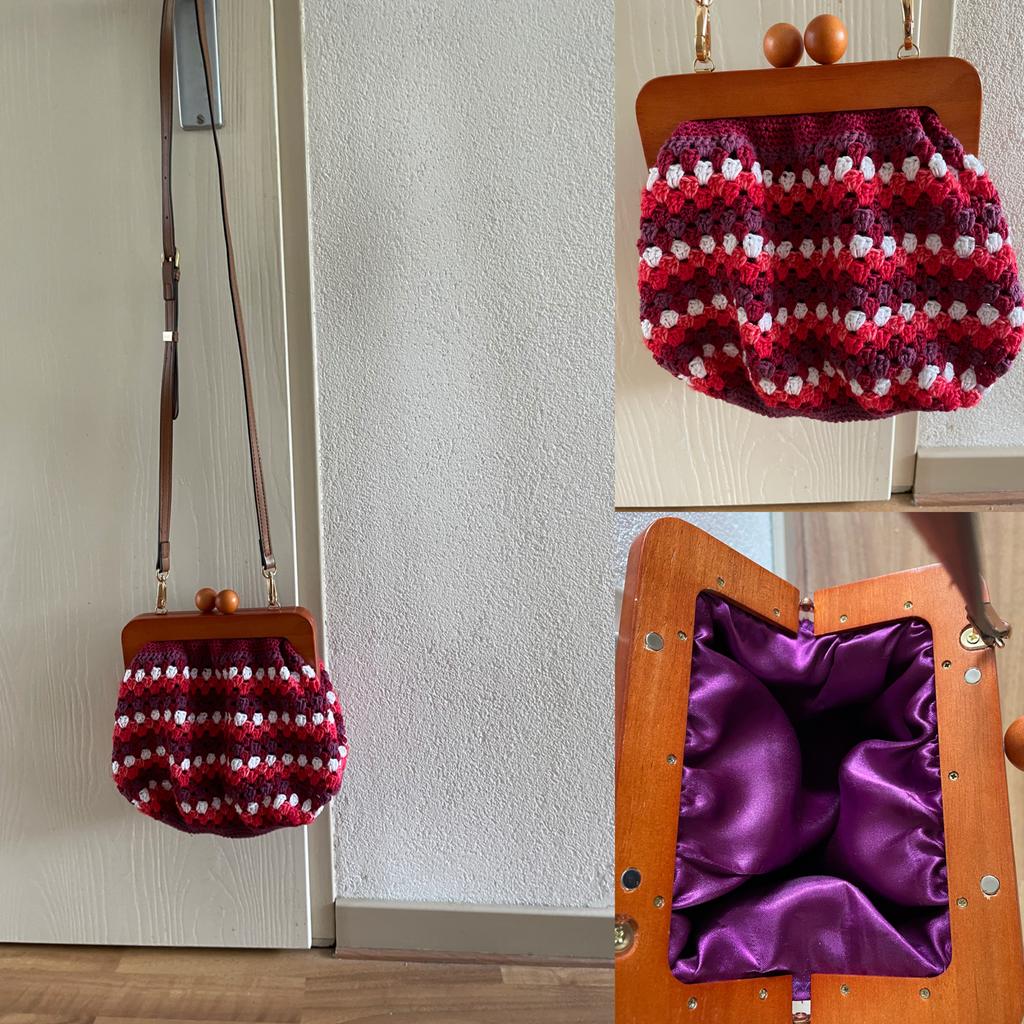 Unieke Gehaakte Tas met Houten Frame en Schouderband, Ophalen of Verzenden, Zo goed als nieuw, Rood, Avondtasje