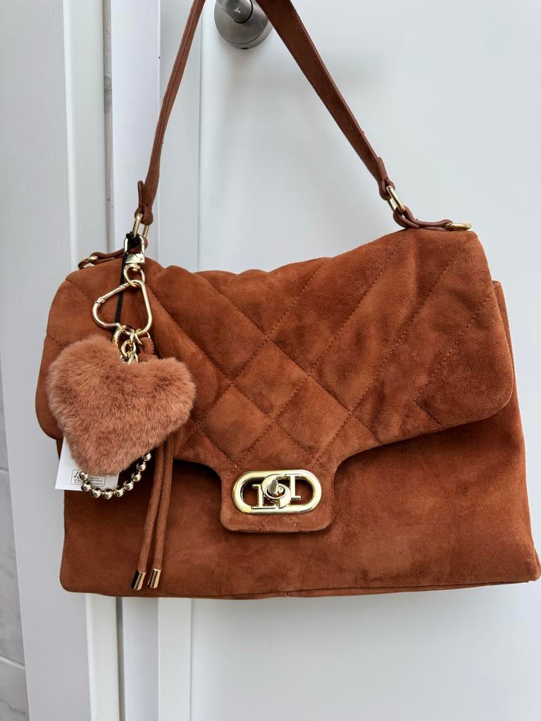 Dune London suède cognac kleurige tas met bag charms, Ophalen of Verzenden, Nieuw, Bruin, Handtas
