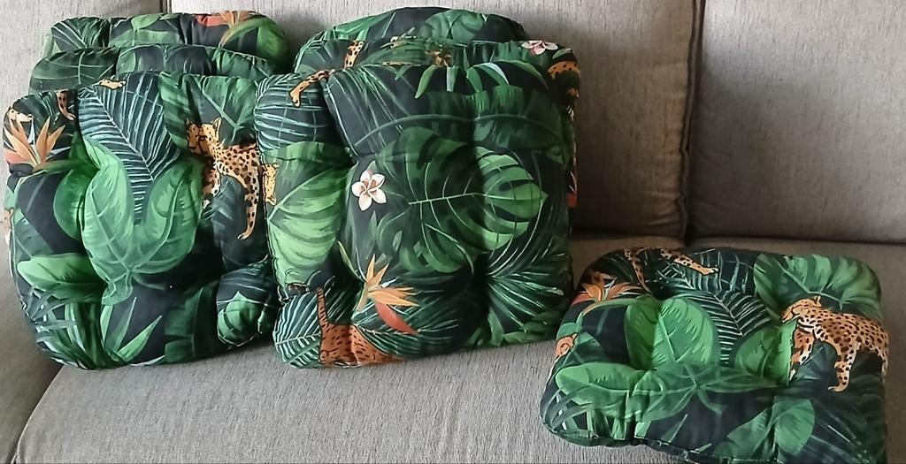 Z.g.a.n. 12 stoel/sier zitkussentjes met jungle print, Ophalen, Zo goed als nieuw, Groen, Vierkant
