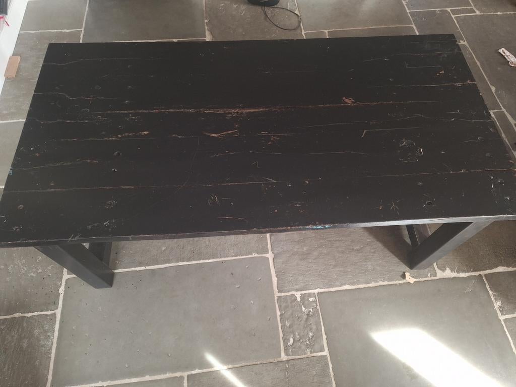 Te koop eettafel van oude wagon delen met stalen onder poot, Huis en Inrichting, Tafels | Eettafels, Ophalen, Gebruikt, 200 cm of meer