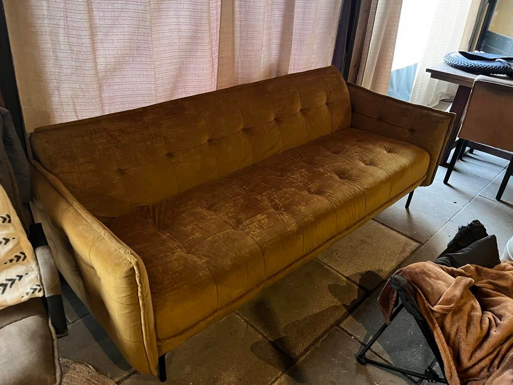 Oker geel/bruin bankstel 2.20 x 85 cm, Huis en Inrichting, Banken | Bankstellen, Ophalen, Gebruikt, 75 tot 100 cm, Rechte bank