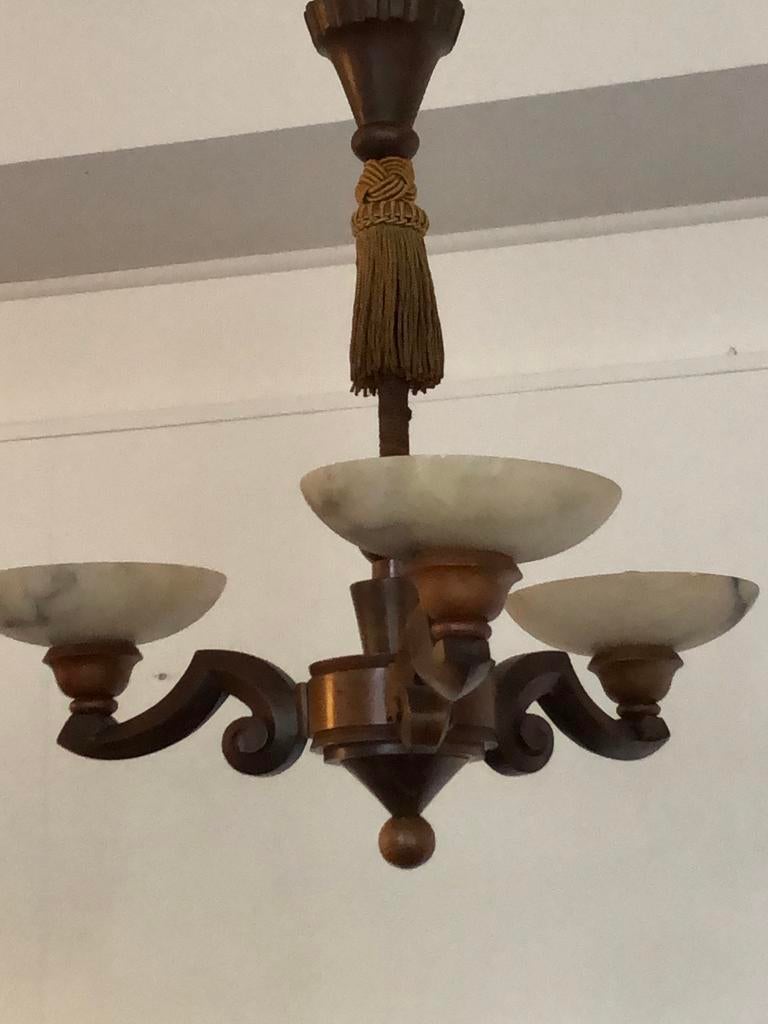 Art deco houten kroonluchter met marmeren schaaltjes, Ophalen, Gebruikt, Overige materialen, Art deco