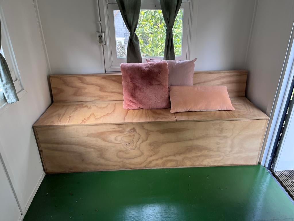 Op maat gemaakte houten klepbank / opbergbank – 196 cm, Ophalen, Zo goed als nieuw, Hout