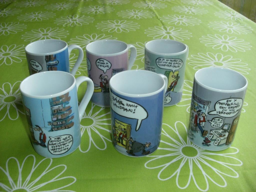Hein de Kort - 6 verschillende koffiekopjes van Overtoom, Verzamelen, Ophalen of Verzenden, Overige figuren, Zo goed als nieuw
