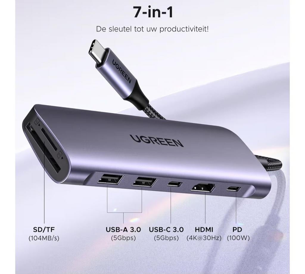 UGREEN 7in1 USB-C hub/adapter - Aluminium NIEUW, Computers en Software, Dockingstations, Ophalen, Laptop, Nieuw, UGreen