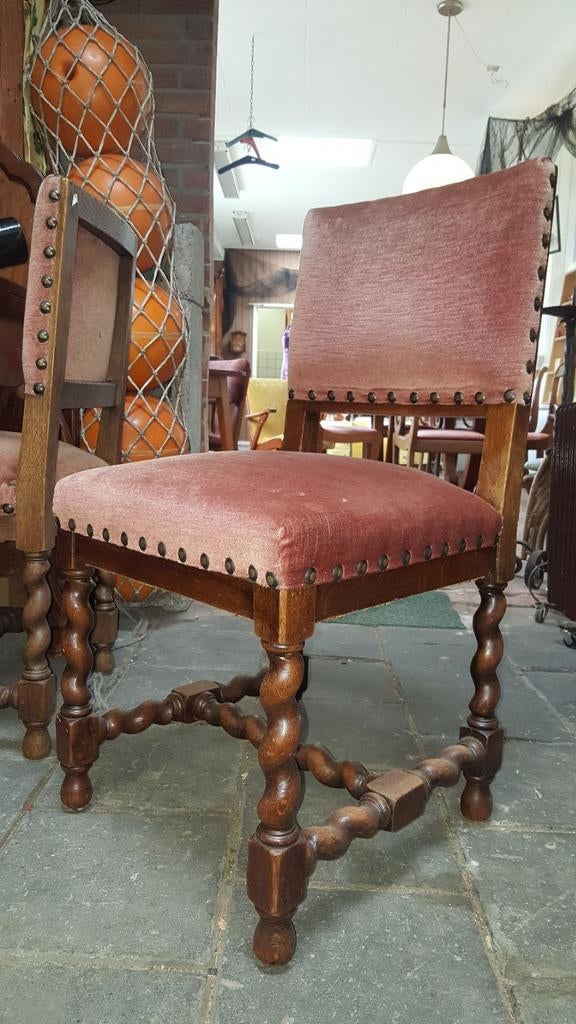 2 antieke stoelen getorste poot begin 1900 oud roze velours, Ophalen of Verzenden