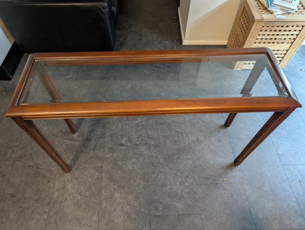 Smal houten tafeltje met glazen blad, Minder dan 50 cm, Gebruikt, 100 tot 150 cm, Glas