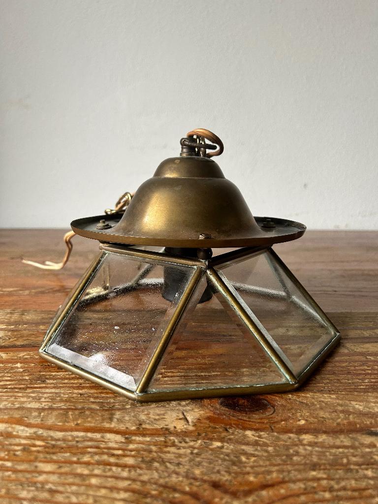 Hanglamp / hallamp - koper en geslepen glas, Antiek en Kunst, Ophalen of Verzenden