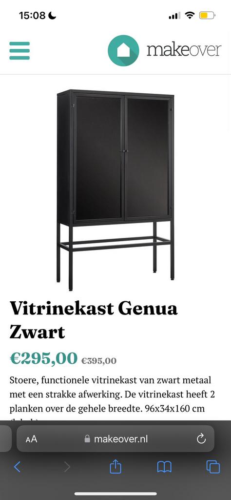 Vitrinekast Genua Zwart Kwantum, Ophalen, Zo goed als nieuw, Minder dan 150 cm, 150 tot 200 cm