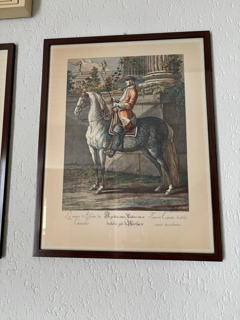 Twee prenten met paarden en ruiters, Ophalen, Flora en Fauna, Ingelijst, 1700 - 1799