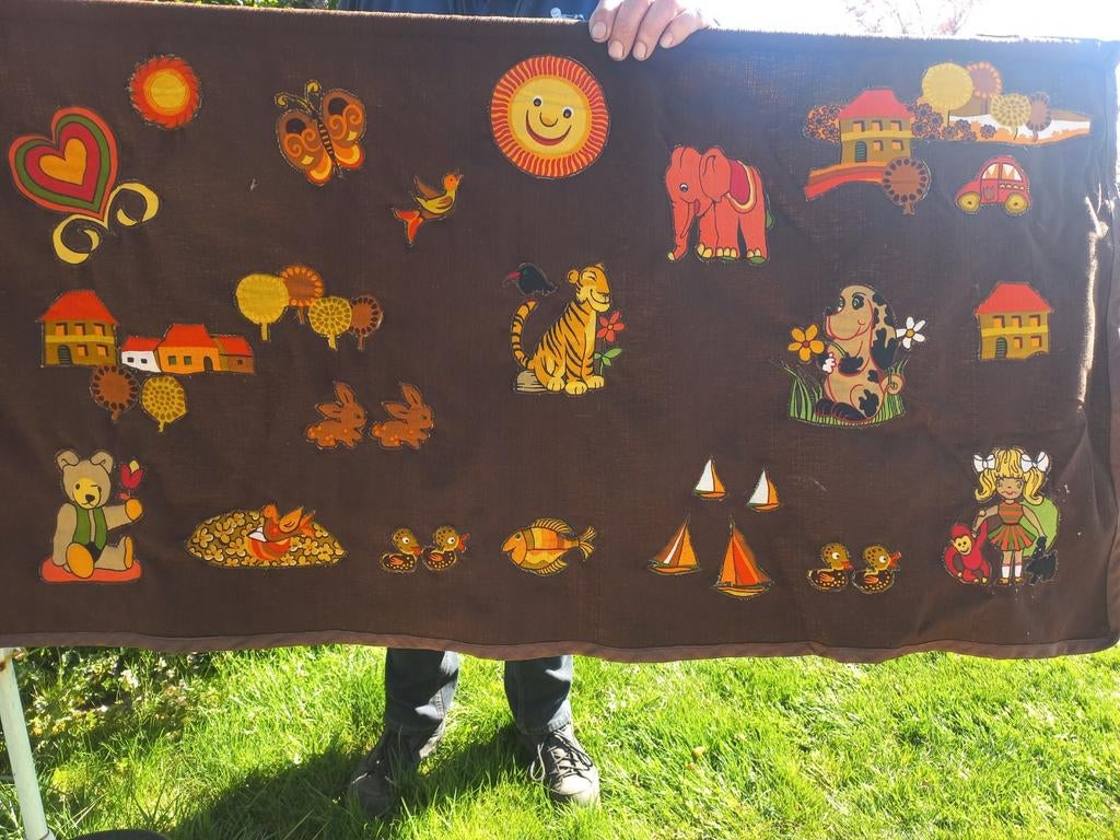 Vintage Kinderdeken met Dieren en Huisjes - Bruin wandkleed, Ophalen of Verzenden, Gebruikt