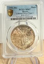 1991 Mexico Onza Libertad 1 oz silver PCGS MS67 - Toned!, Ophalen, Midden-Amerika, Losse munt, Zilver