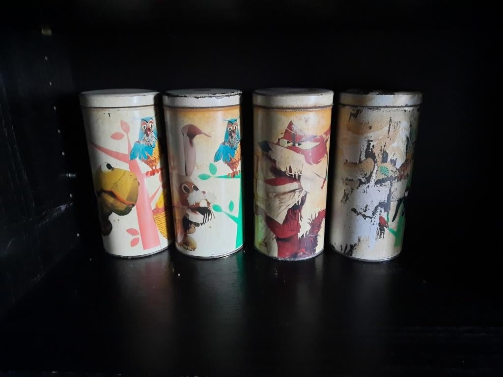 4 fabeltjeskrant blikken, Verzamelen, Blikken, Ophalen of Verzenden, Gebruikt, Overige