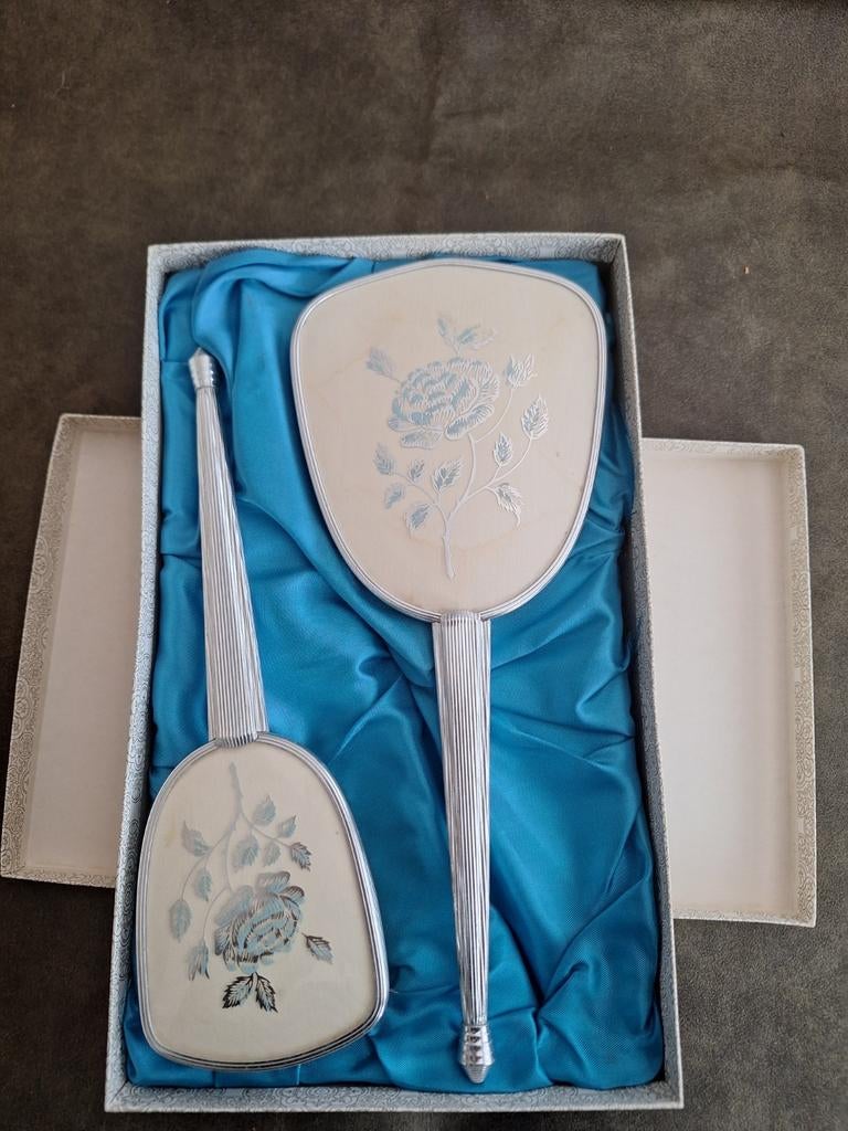 Vintage Spiegel en Borstel Set - Bloemenmotief, Ophalen