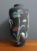50 60 jaren ZELDZAME grote KETO vaas vogels palmbomen, Gebruikt, Zwart, Aardewerk of Porselein, Ophalen of Verzenden