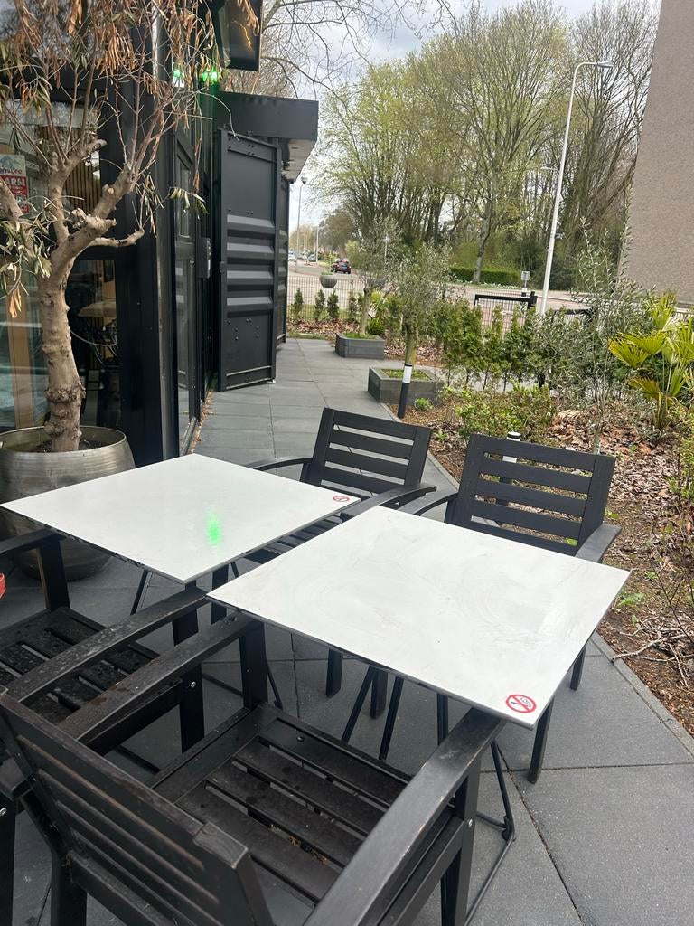 Terrastafels 8 & stoelen 15- Weerbestendig Trespa, Ophalen, Gebruikt, Vierkant, Overige materialen