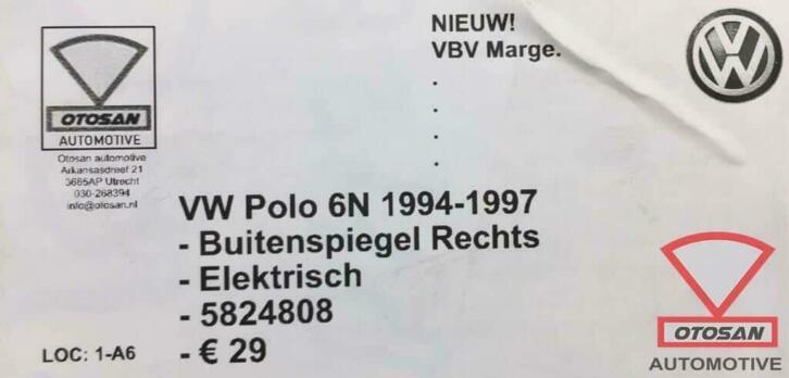 vw polo 6n 1994 1997 buitenspiegel rechts elekt. rechts nieu, Auto-onderdelen, Spiegels, Volkswagen, Volkswagen AG, Nieuw, Berliner Ring 2
38440  Wolfsburg, DE