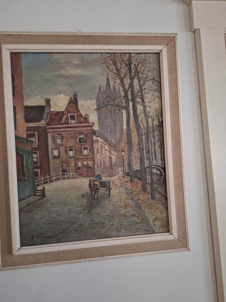 Schilderij Delft, 60x50 cm, gesigneerd, Antiek en Kunst, Kunst | Schilderijen | Klassiek, Ophalen of Verzenden