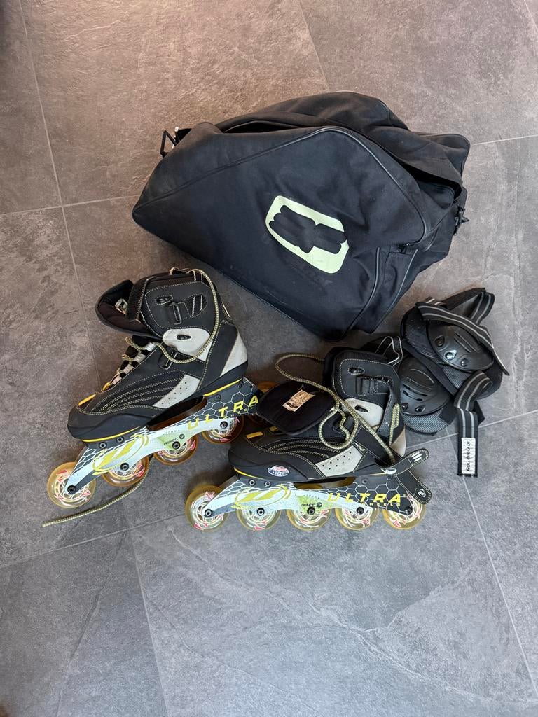 Skeelers 5 wielen met bescherming en tas, Ophalen of Verzenden, Gebruikt, Inline skates 5 wielen, Overige merken