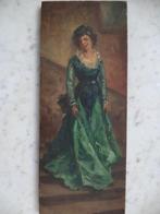 antiek schilderijtje olieverf op hout dame in groen kleed, Ophalen of Verzenden