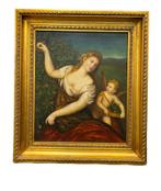 Venus en Amor in een bloeiende tuin, Olieverf op doek, gesig, Ophalen of Verzenden