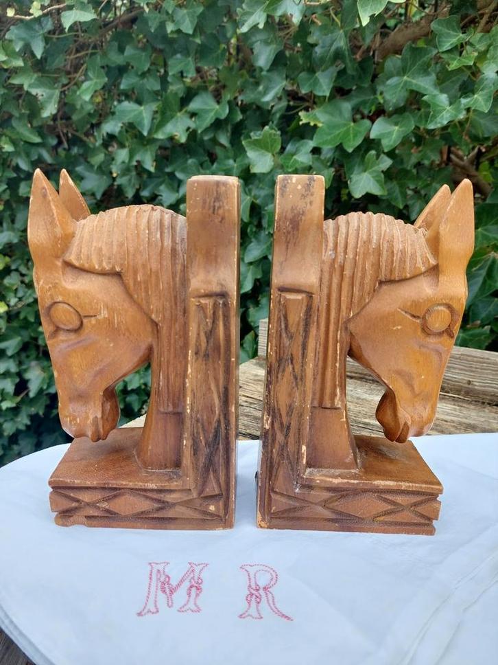 Monkey Pod houten boekensteunen Paardenhoofd - set van 2, Huis en Inrichting, Woonaccessoires | Wandplanken en Boekenplanken, Gebruikt