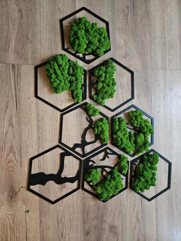 Muurdecoratie met mos en houten figuren beschikbaar voor biedingen