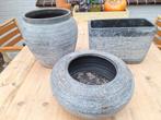 3 Grijze Bloempotten - Betonlook. Landelijk, stoer, sober, Tuin en Terras, Ophalen, Steen, Minder dan 30 cm, Rond