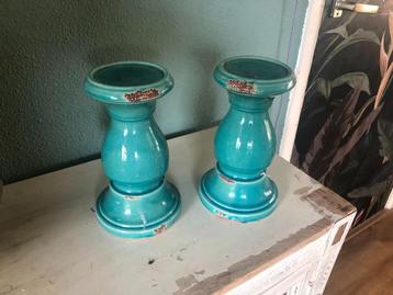Set turquoise kaarsenhouders – keramiek  boho/mediterrane beschikbaar voor biedingen