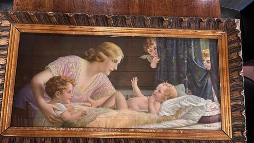 Antiek schilderij Moeder met kinderen gesigneerd T. Lambiń, Antiek en Kunst, Kunst | Schilderijen | Klassiek, Ophalen