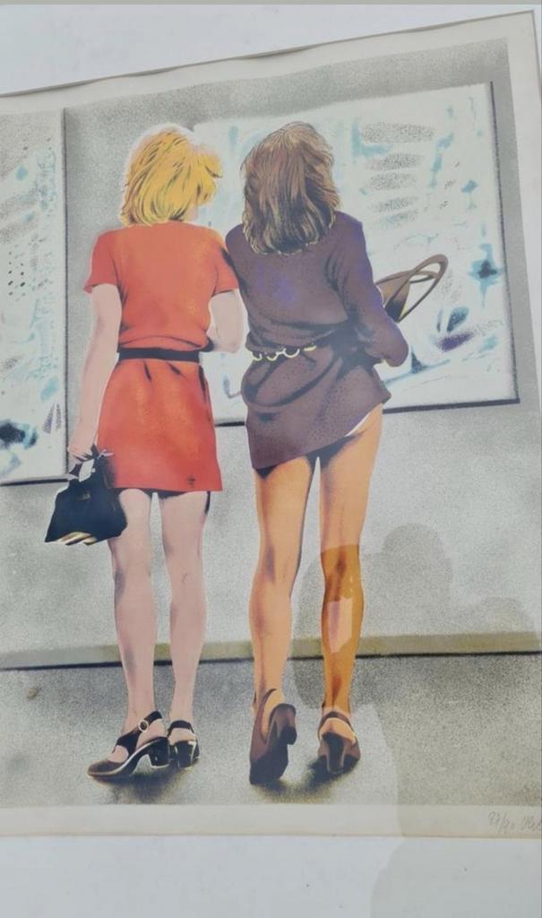 John Verberk - Litho '2 dames in museum' - 1976, Antiek en Kunst, Kunst | Etsen en Gravures, Ophalen of Verzenden