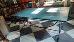 Eettafel met ijzeren onderstel en petrol blad, Ophalen, Gebruikt, 100 tot 150 cm, 150 tot 200 cm