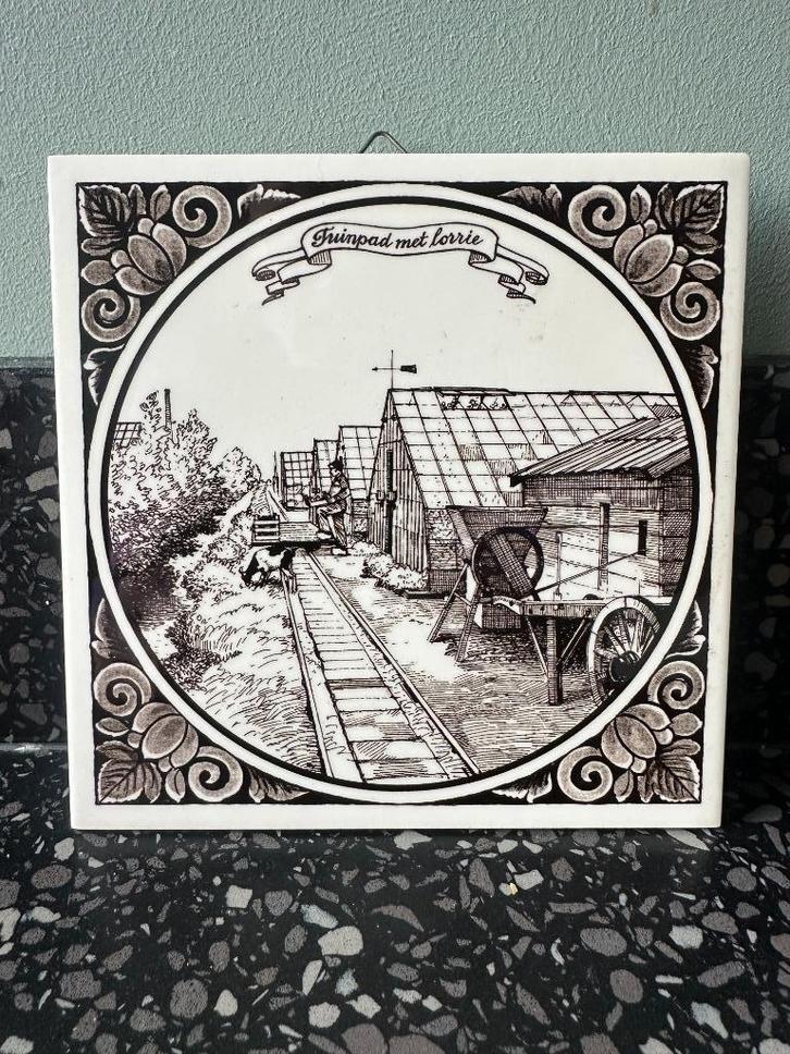 Brinkman tegeltje. Tuinpad met lorrie. Westland Schoonhoven., Antiek en Kunst, Antiek | Wandborden en Tegels, Ophalen of Verzenden