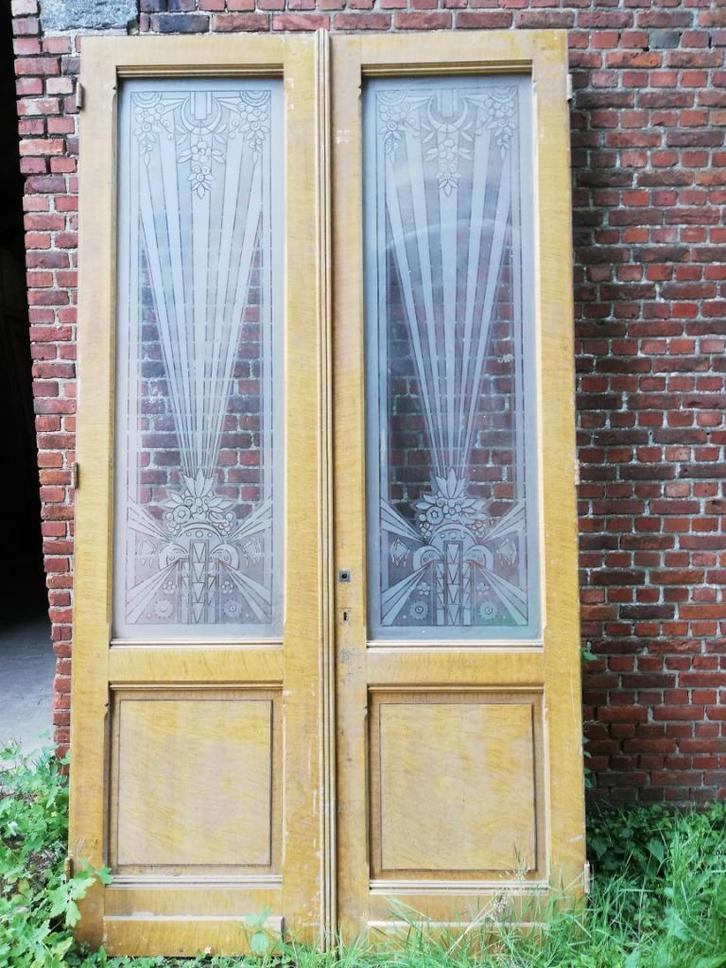 274hx148br Hoge dubbele paneeldeuren art deco ge-etst glas, Antiek en Kunst, Antiek | Overige Antiek, Ophalen