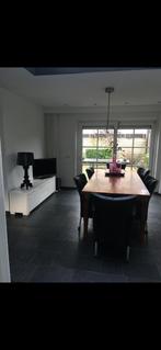 Eettafel met 6 leren stoelen, Huis en Inrichting, Ophalen, Gebruikt, Eikenhout, 200 cm of meer